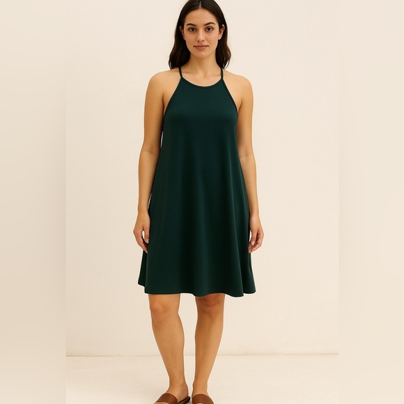 ZARA Trafaluc Women’s Halter Tank Dress L Forest Green Swing Sleeveless Flowy - Picture 1 of 11